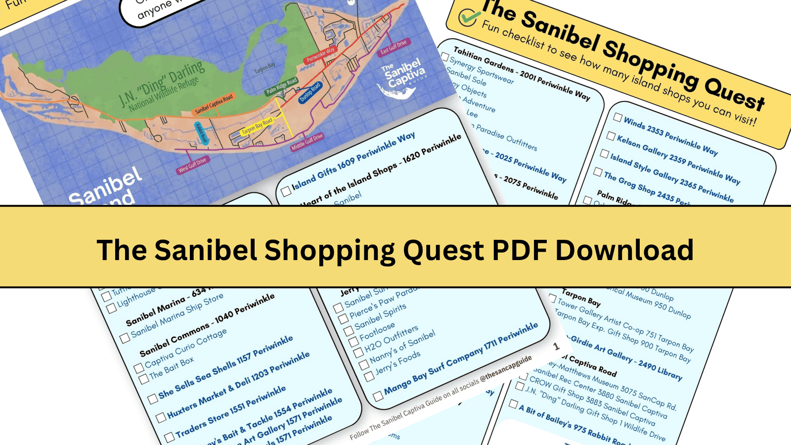 Sanibel Shopping Quest PDF cover featuring a tropical island-inspired checklist of Sanibel retail shops, designed as a fun check-off guide for visiting stores across Sanibel Island.