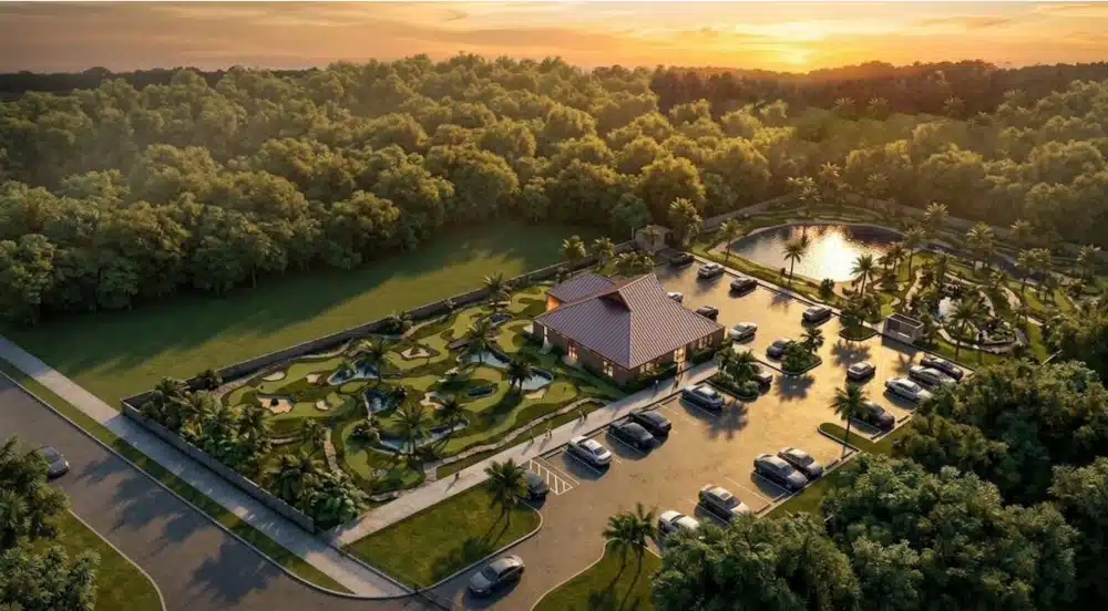 Aerial rendering of proposed botanical mini golf course surrounding restaurant at The Island Cow on Sanibel Island